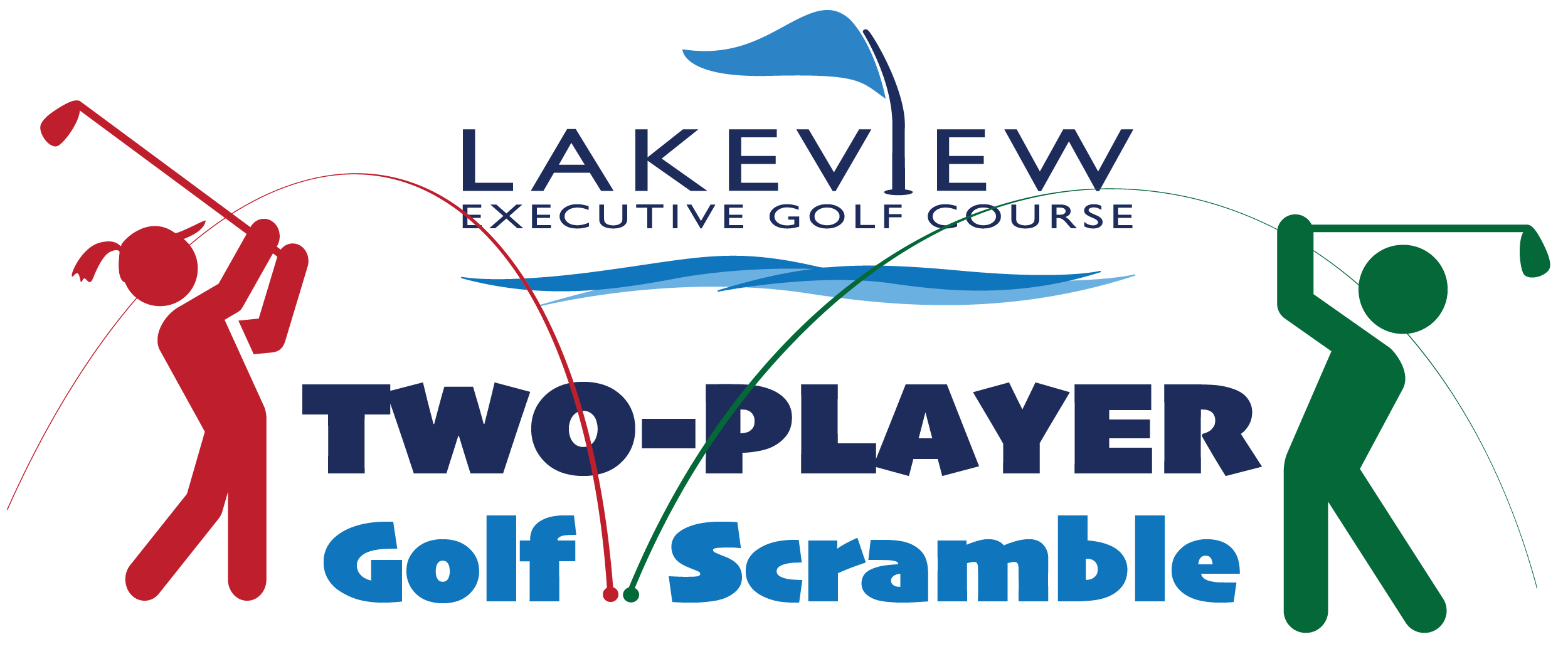 Two Player Scramble headline on illustration of two golfers